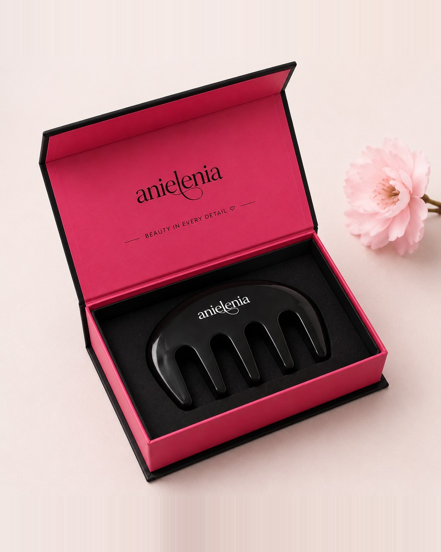anielenia gift box in rose and noir, holding a Bian stone scalp comb